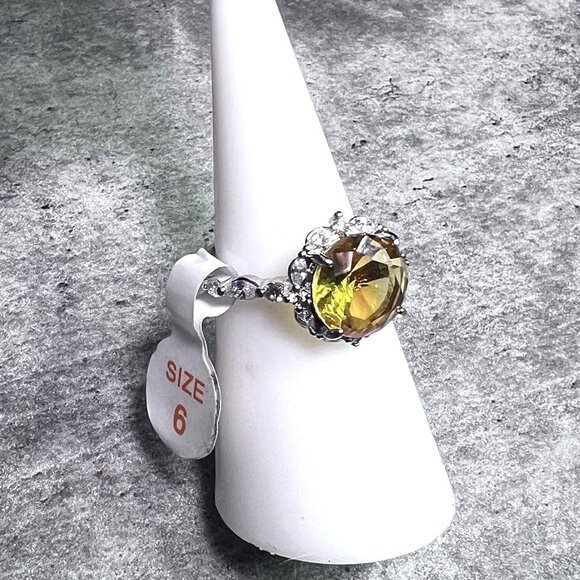 Ring Bomb Party Ring size 6 yellow round stone silver color band CZ like accents - Picture 7 of 11